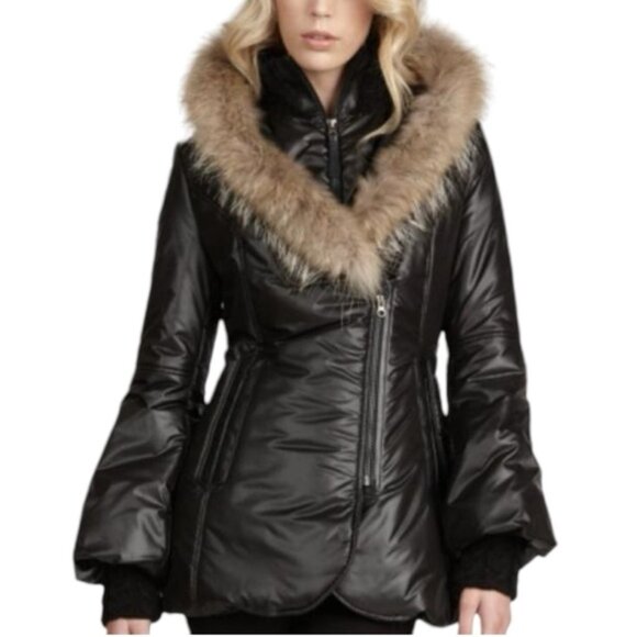 Mackage Peaches Double Zip Fur Hood Parka SM Black Nylon Cableknit Collar - Picture 1 of 16